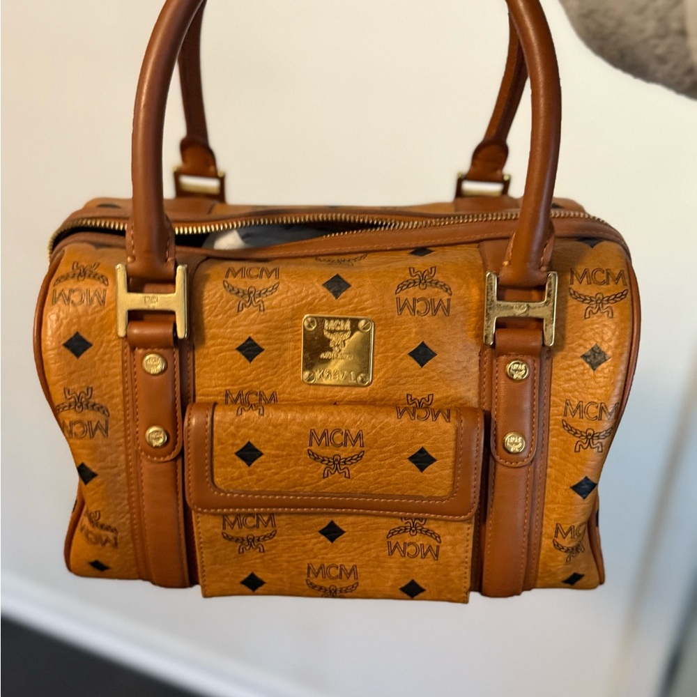 MCM Cognac Brown Monogrammed Satchel with Black Accents